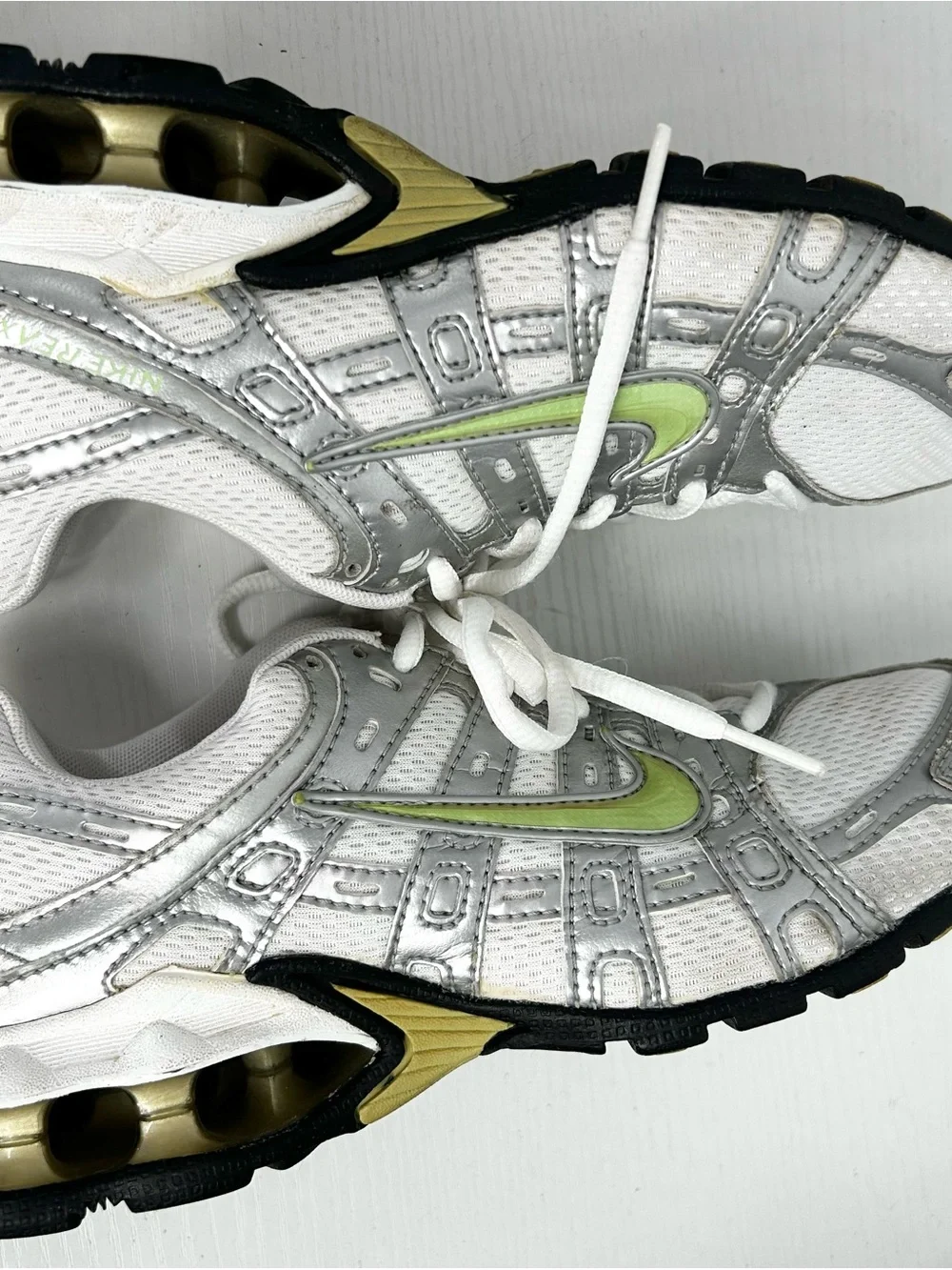 Nike size 8 Women's White & Silver Running Shoes with Lime Accent